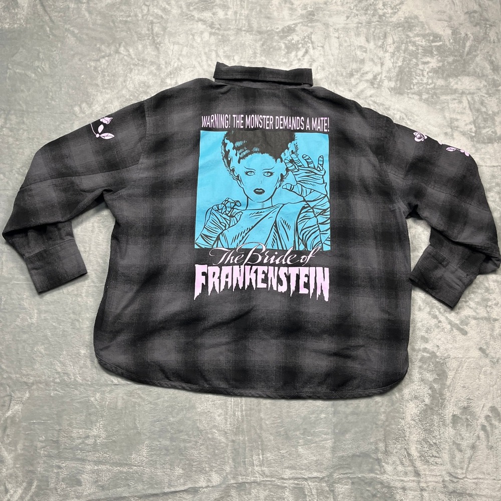 Universal Monsters Flannel Shirt Women XL Grey Bride of Frankenstein Plaid Goth